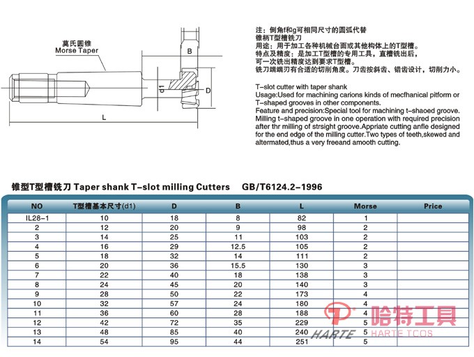 HT-C3302 锥柄T型槽铣刀 GB/T6124.2-1996
